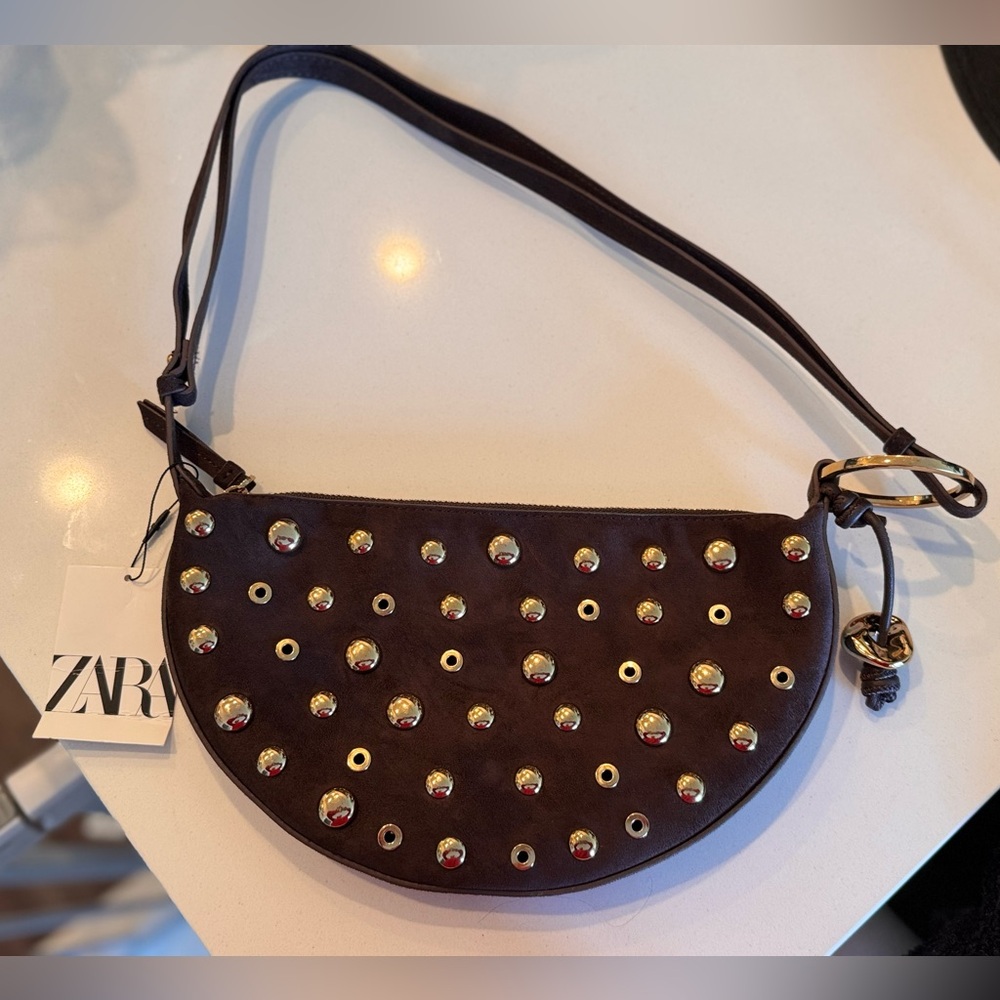 Zara Dark Brown Studded Crossbody Bag